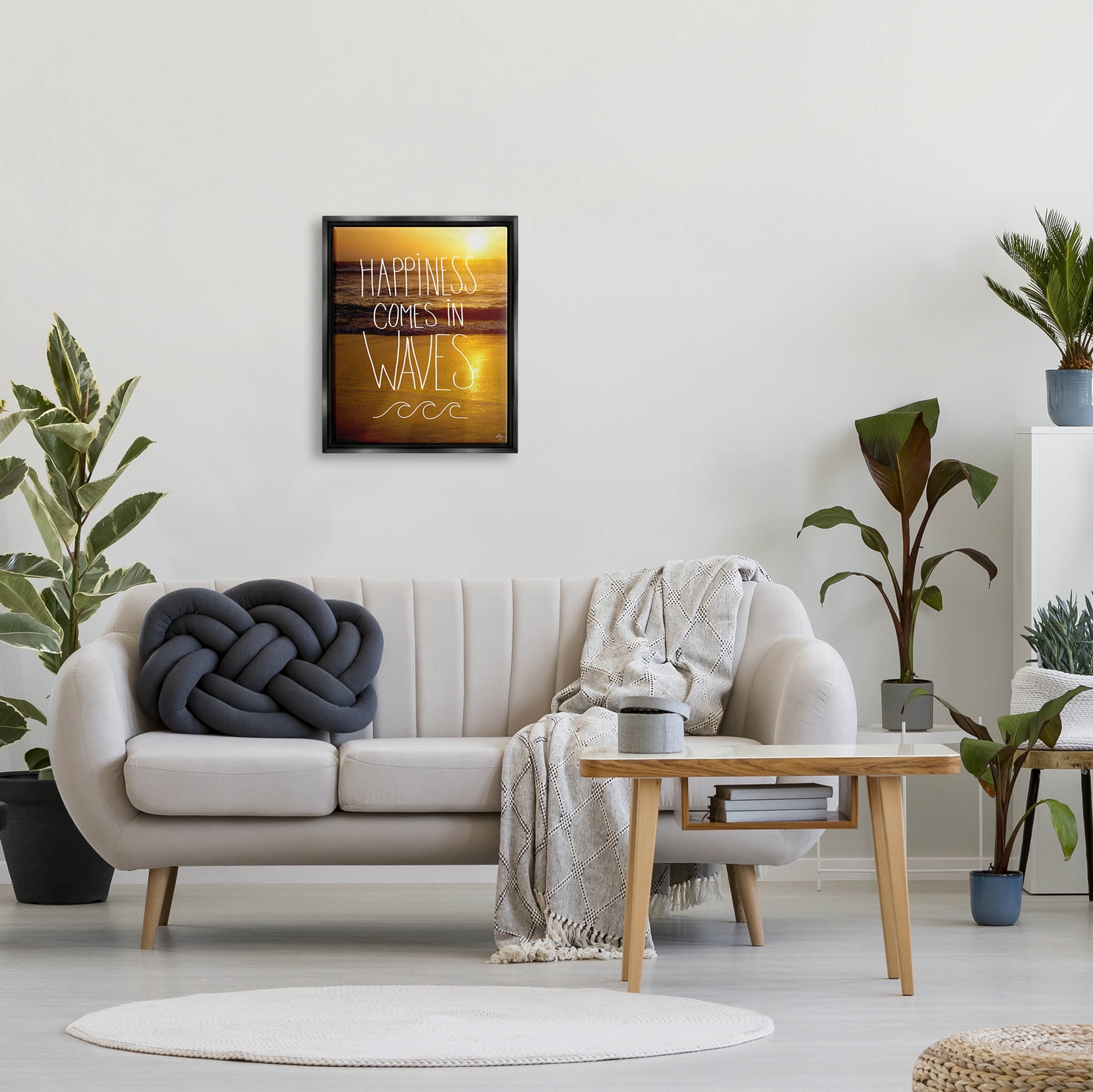 Stupell Industries Happiness Comes In Waves Phrase Graphic Art Jet Black Floating Framed Canvas Print Wall Art, Design by K. Kaufman