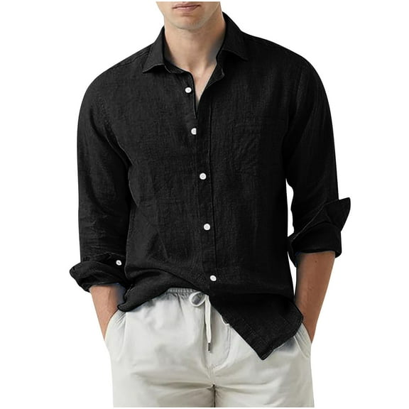 KeShDi White Button Down Shirt Men Cotton and Linen Solid Color Fashion Long-sleeved Lapel Top/shirt Black 3X