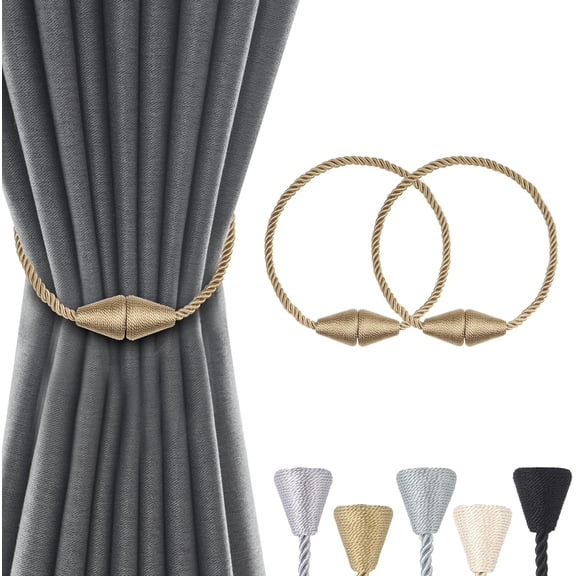 2 Pack Magnetic Curtain Tiebacks Curtain Holdbacks Curtain Ties Curtain Pull Backs Modern Rope Tiebacks Drapery Holdbacks Tie Backs for Curtains (Gold,Cone-2 PCS)
