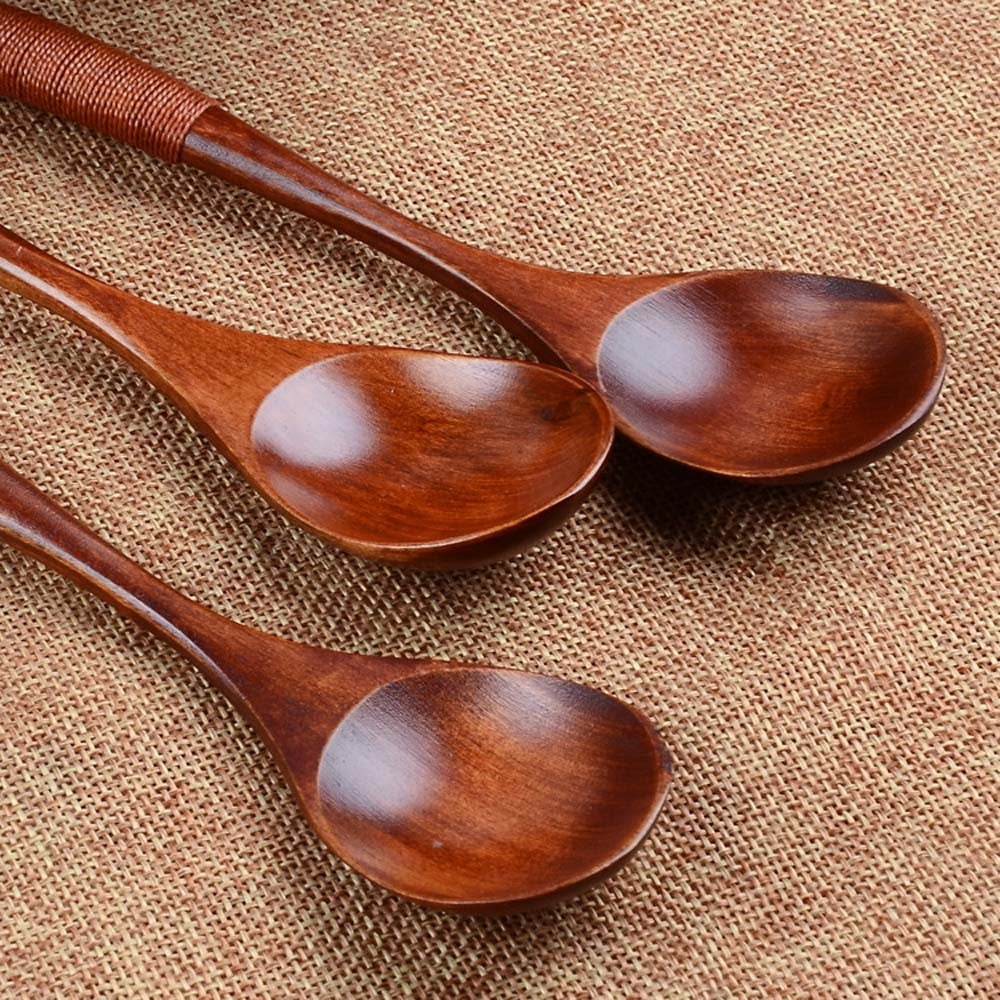 6pc Wooden SpoonTeaspoon Coffee Kitchen Cooking Utensil Catering & Bamboo Basket 