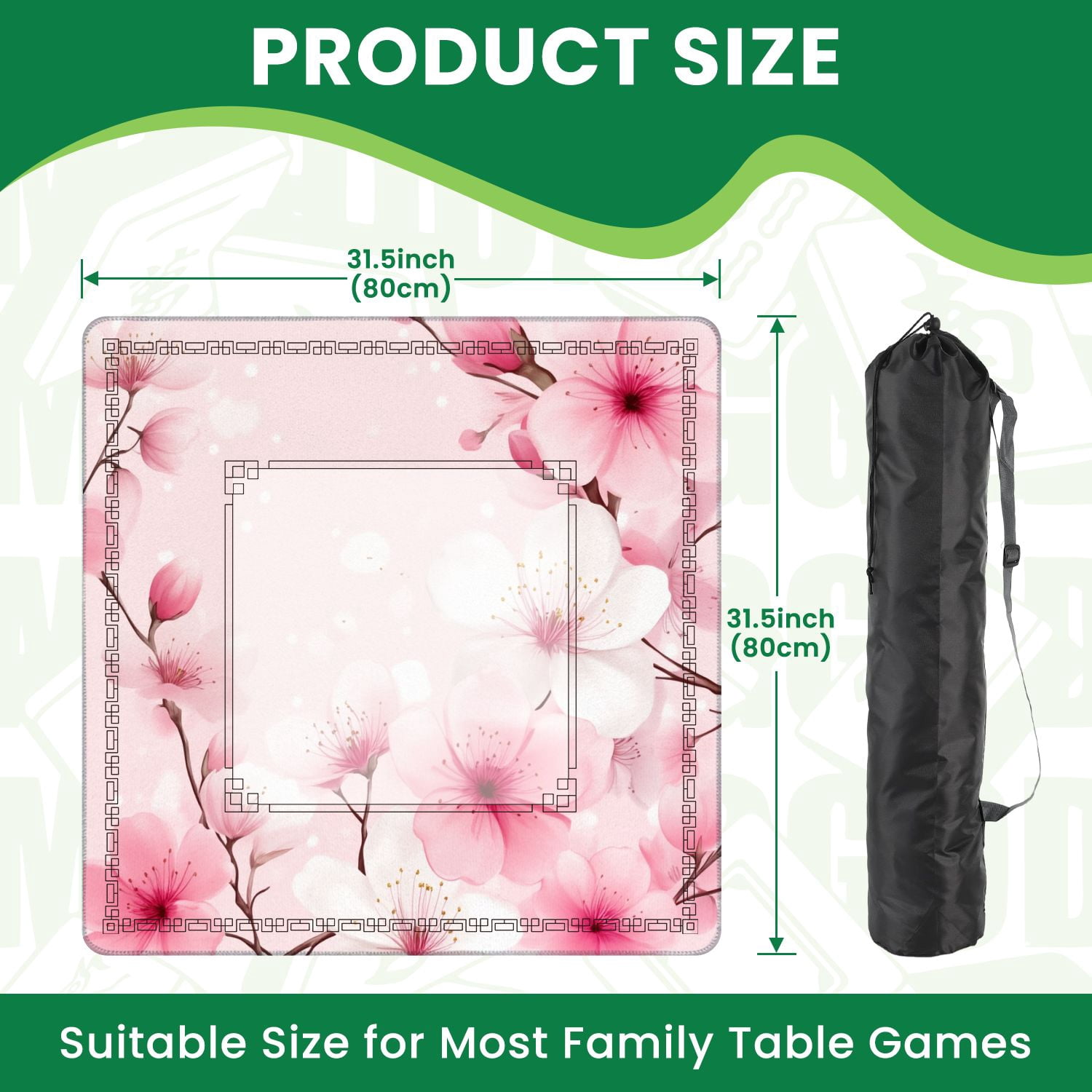 Mahjong Mat 31.5" x 31.5" Pink White Cherry Blossom Soft Non-Slip Noise Reduction American Mahjong Tiles Table Cover for Dominoes Poker Card Board Games Gift