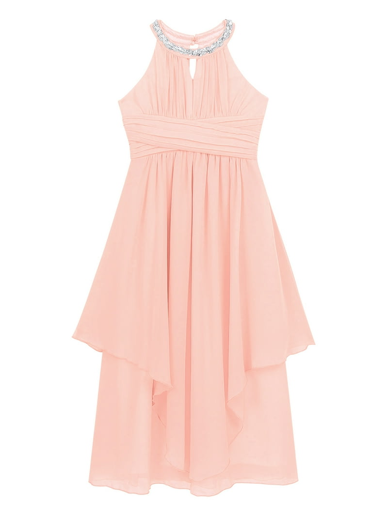 girls' bridesmaid dresses Baby Pink Strapless High Slit Ruffle Long Formal Dress – Aquarius Brand main image 1