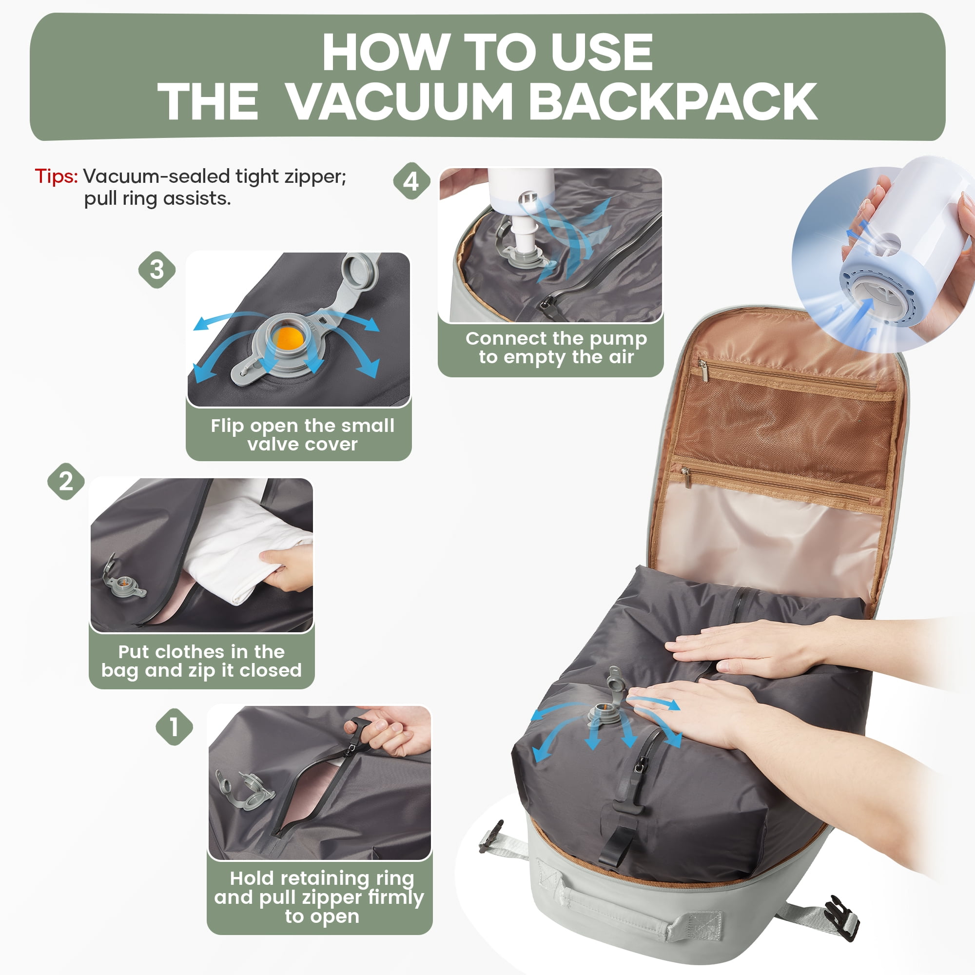 Vacuum Seal Backpack for Travel with Vacuum Compression, Air Seal Travel Backpack with Portable Air Pump Carry on Luggage Airline Approved for Women Men Large Vac Pack Airback Laptop Backpack Green