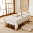 thumbnail image 7 of Naxoaeo Openwork Jacquard Tassel Tablecloth, 55x35 Inch Rectangular Polyester Table Cover, Embroidered Dining Room Decor, Elegant Farmhouse Style, Washable Holiday Party Table Topper, 7 of 7