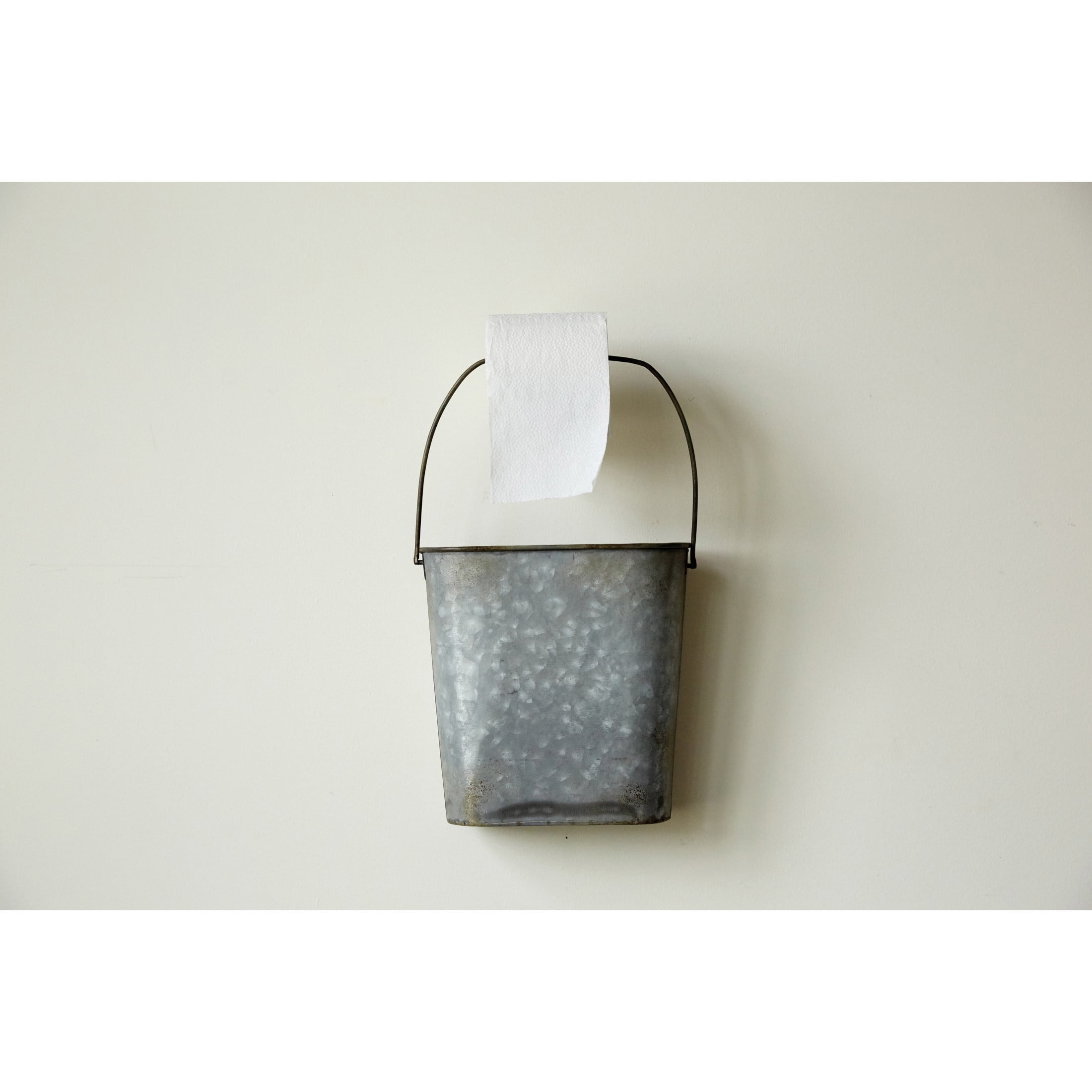 Creative Co-Op Metal Toilet Paper Holder Wall Rack and Bucket, Antique Zinc