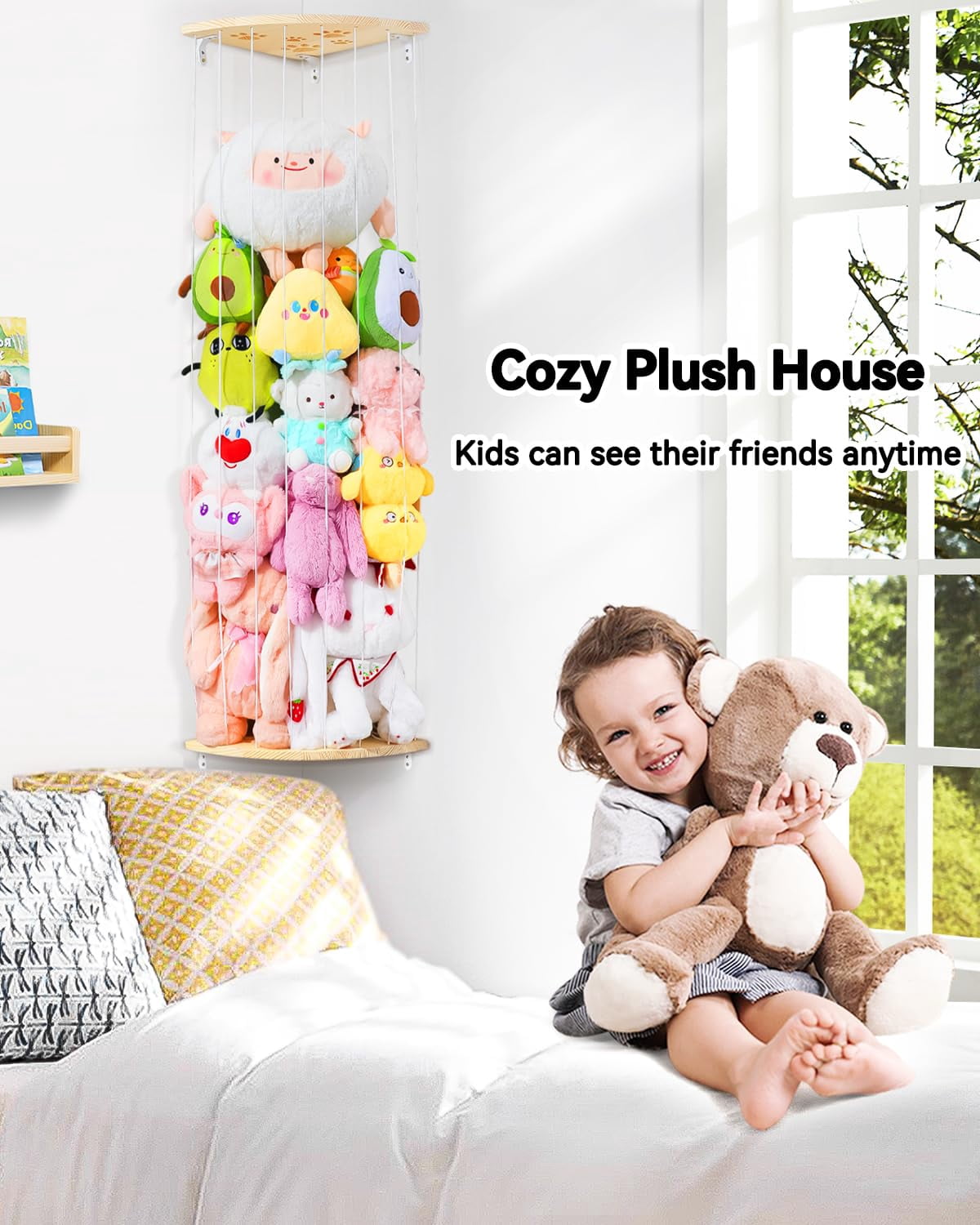 Corner Stuffed Animal Storage Net - Heigh Adjustable Wood Stuffed Animal Organizer - Large Wall Plush Holder Teddy Bear Storage for Bedroom Kids Room Nursery Decor