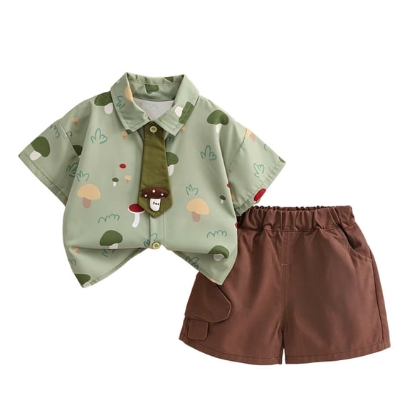 Guluxicc 2 Piece Collared Outfit Sets for Kids Boys Short Sleeve Shirts with Tie and Shorts Summer Casual Outfit Sets for Boys 2-12 Years