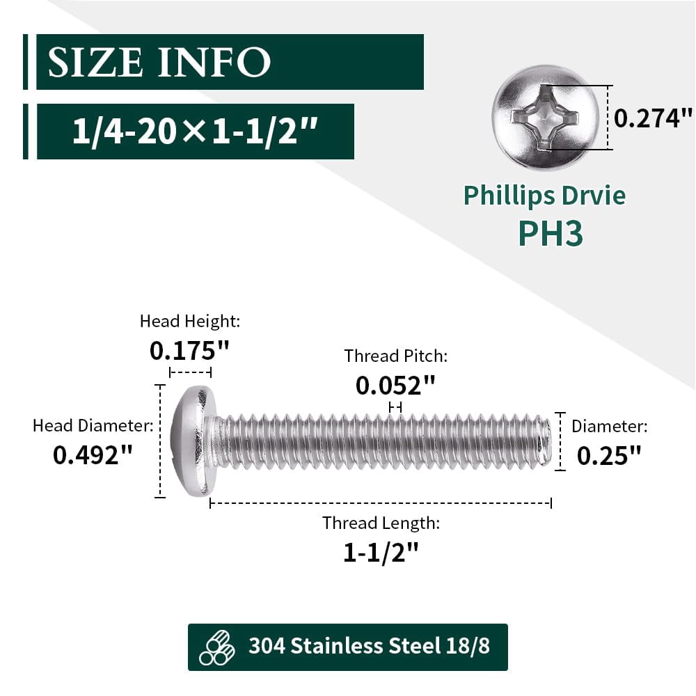 1/4-20 x 1-1/2 Inch Pan Head Machine Screws, Cross Recessed Drive, 304 Stainless Steel 18-8, Bright Finish, Fully Threaded, 25 Pieces Pack