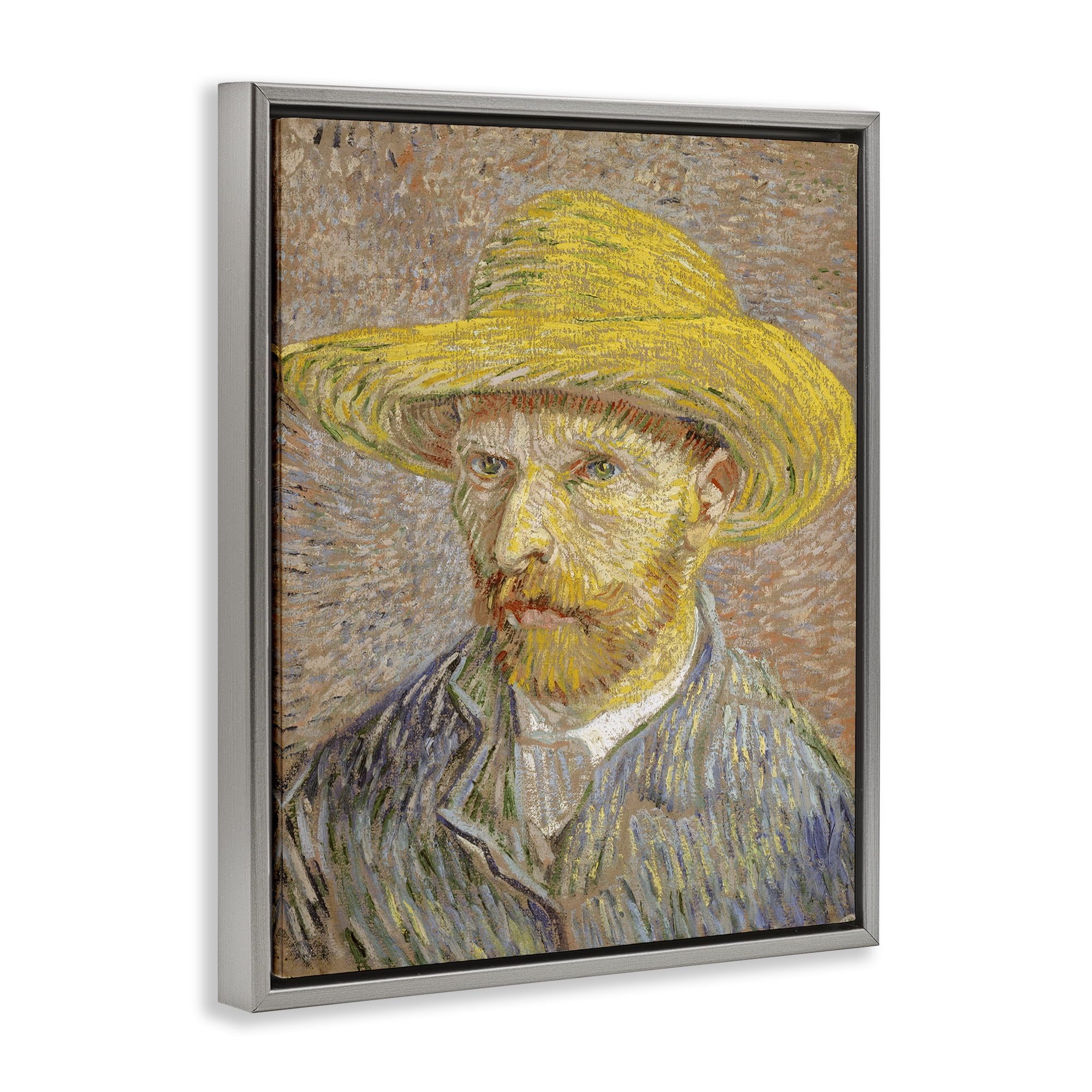 Stupell Industries Van Gogh Straw Hat Portrait People Painting Gray Floater Framed Canvas Art Print Wall Art, 25 x 31