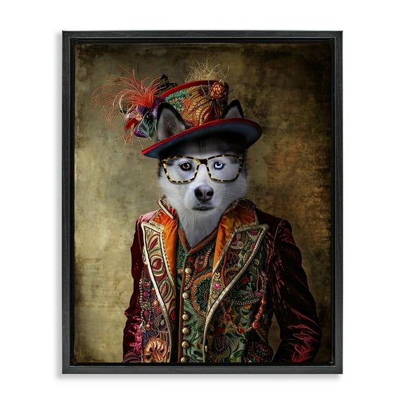 Stupell Industries Husky Dog Eclectic Suit Animals & Insects Painting Black Floater Framed Canvas Art Print Wall Art, 17 x 21