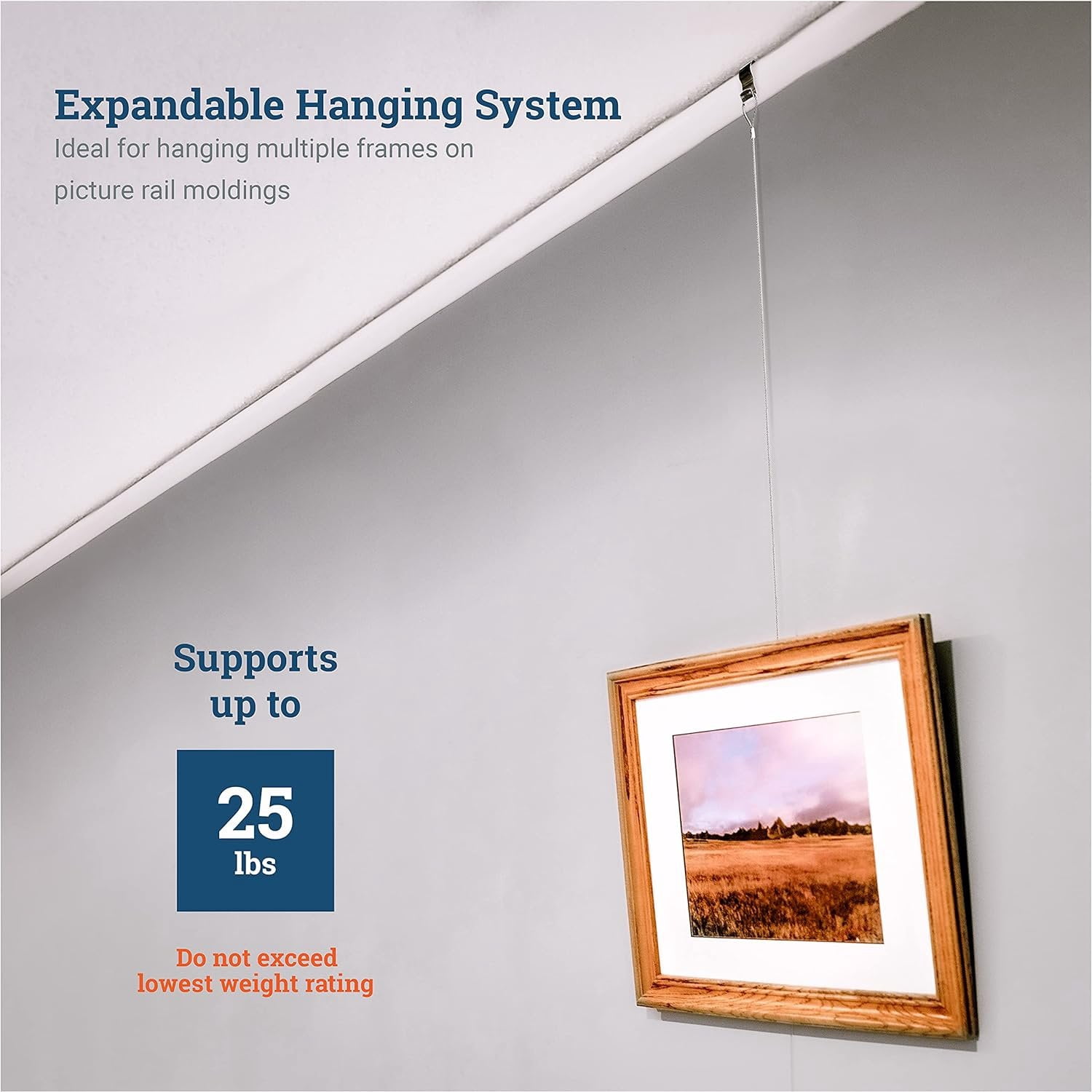 Picture Hang Solutions - Silver Picture Rail Molding Hooks - Gallery Hanging System - Includes Wire Cables and Adjustable Hooks 5 sets per pack