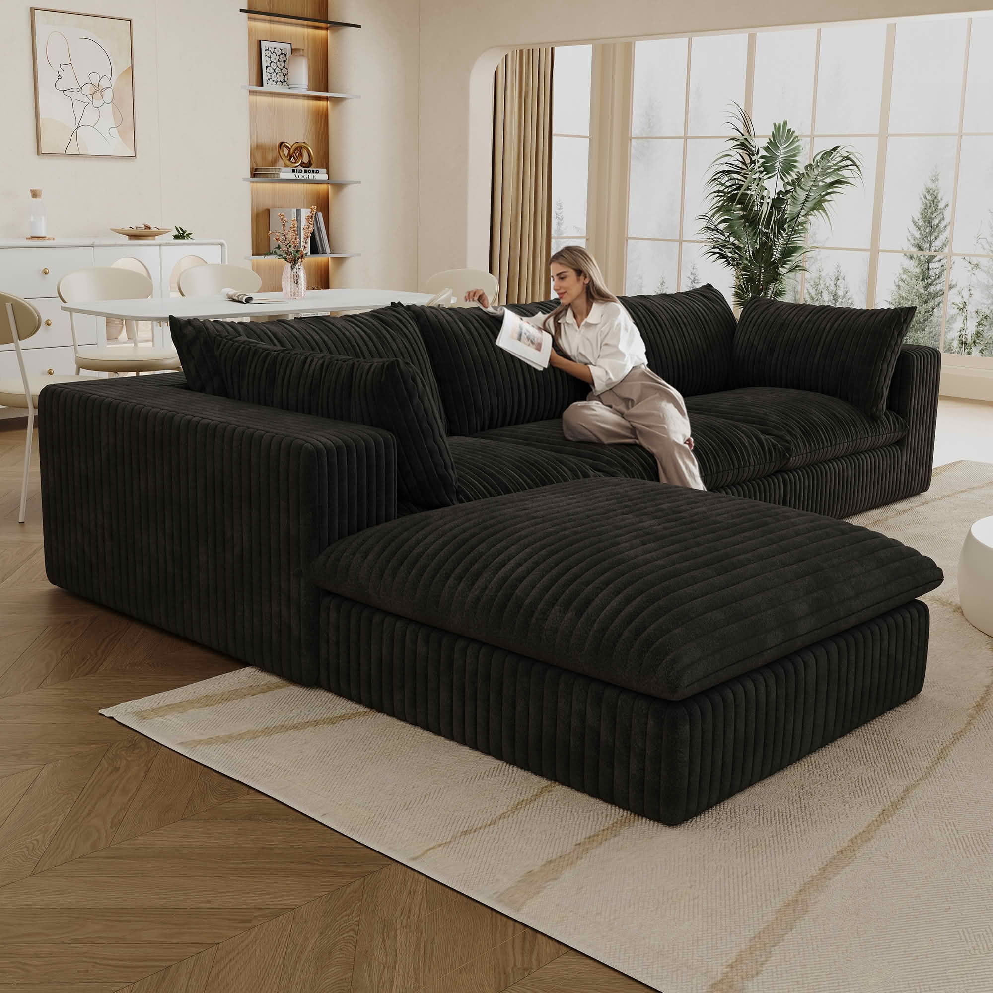 MAYEERTY 118.2" Cloud Corduroy Sofa, Deep Seat Double-Layer Design, Removable Cushion No Assembly, DIY Combination, Black