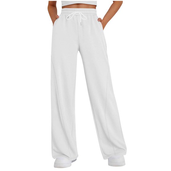 Women Joggers Women Solid Color Casual Straight Leg Wide Leg Drawstring Pocket Sweatpants Long Pants White S