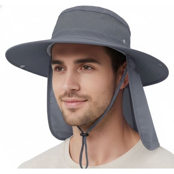 UPF 50 Stowable Neck Flap Wide Brim Mesh Sun Bucket Hat - Unisex Summer for Fishing, Safari, Hiking