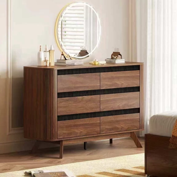 Klorvelith 47.2″ Wide 6-Drawer Wooden Dresser & Chest of Drawers, Bedroom Storage Cabinet & TV Stand, American Walnut