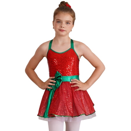 IEFIEL Kids Girls Elf Costume Shiny Sequins Camisole Dress Open Back Ballet Figure Skating Leotard Dress Red 16
