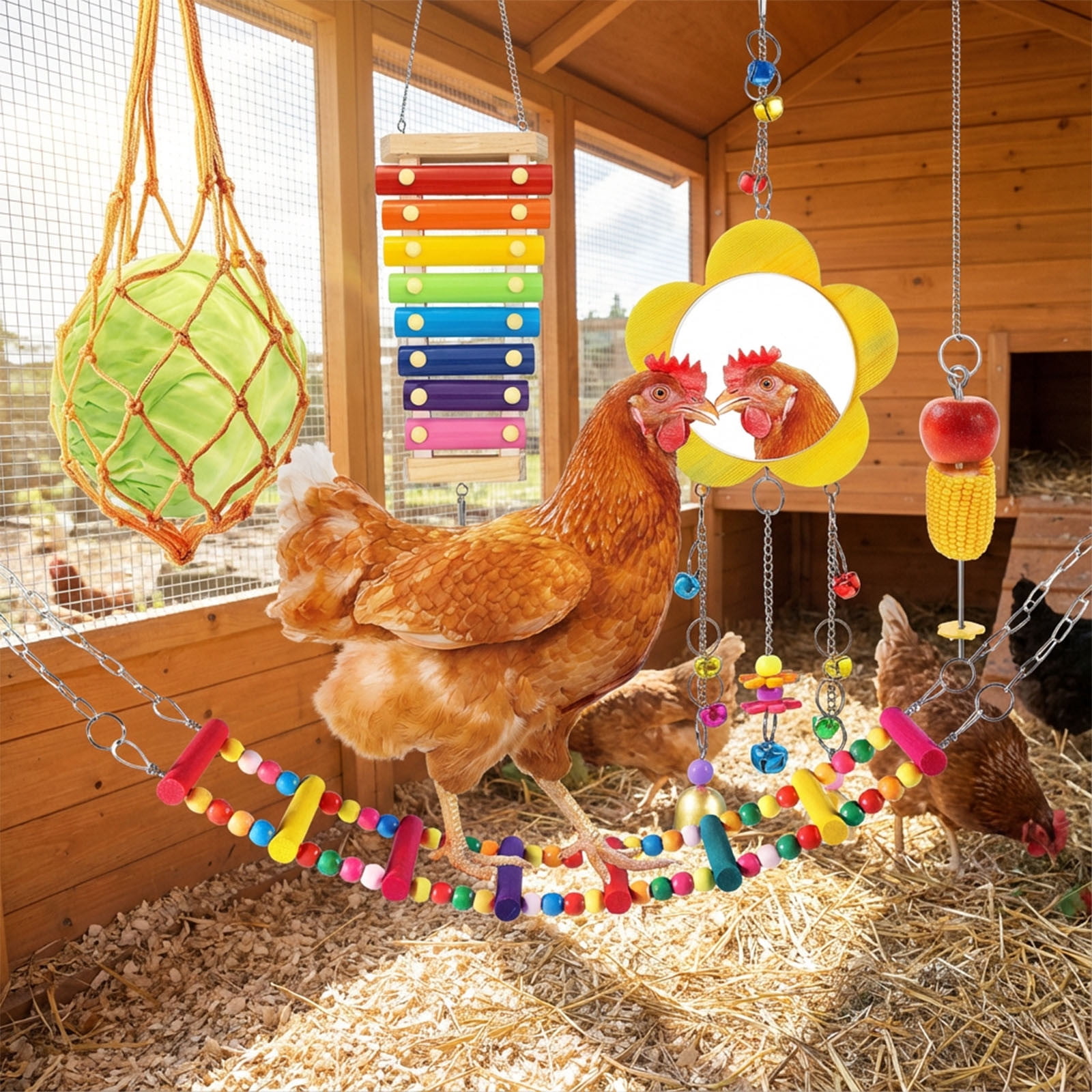 Pet Chicken Toys Multi Function Bird Cage Accessories Set with Foraging Net Ladder Mirror Skewer Wooden Xylophone Toys Kit Rkxzt