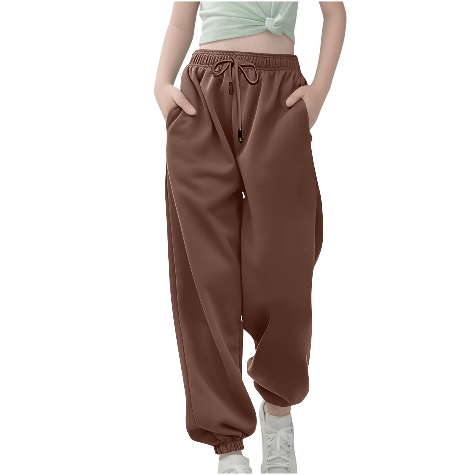 Pantalon Jogging Fille Baggy Coton Uni - Sweatpants Décontracté Taille Élastique Avec Cordon