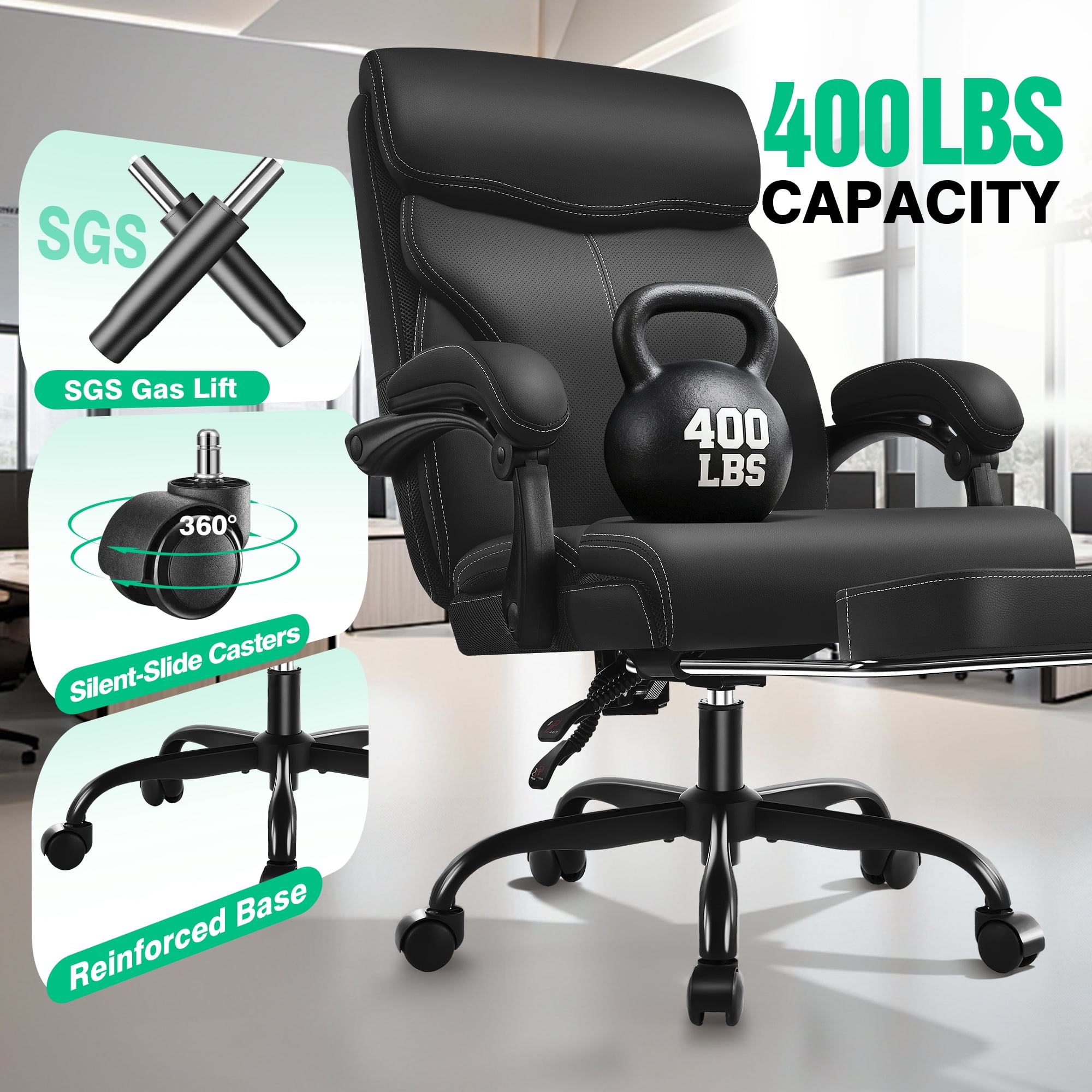 Dhole Ergonomic Office Chair with Footrest, High-Back Desk Chair with Lumbar Support and Flip-Up Arms, PU Leather Swivel Computer Task Chair for Home Office, Adjustable Rolling Chair