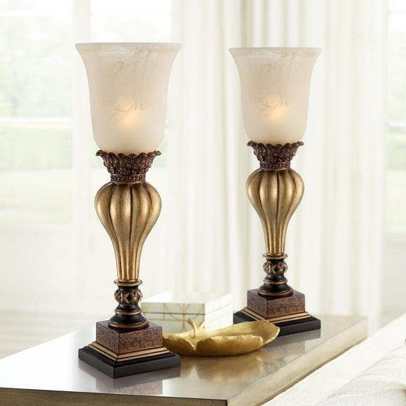 Regency Hill Traditional Uplight Accent Table Lamps 23 1/4" High Set of 2 Light Gold Alabaster Glass Shade for Living Room Bedroom
