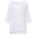 thumbnail image 2 of T-Shirt Femme Couleur Unie Haut Décontracté Col Rond Manches Courtes Blouse en Lin, Blanc, P, 2 of 7