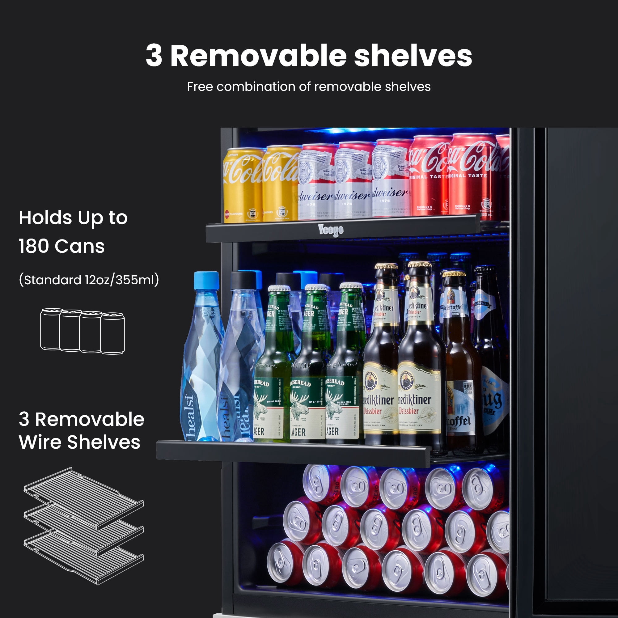 Yeego 24 Inch 180 Cans Beverage Refrigerator Cooler, Double Layer Glass Door, Built-in/Freestanding for Beer Soda Water, Right Hinge