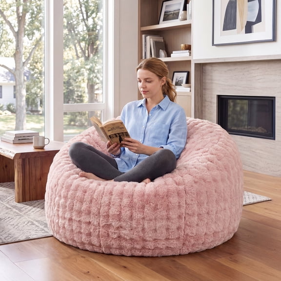 Fulsmile 3Ft Bean Bag Chair for Adults with Memory Foam Filling, Reading Puff Chair with Detachable Fluffy Cover for Bedroom Living Room, Bubble Pink