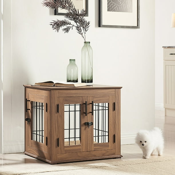 Unipaws Dog Crate Furniture, Double Doors Wooden Wire Dog Kennel with