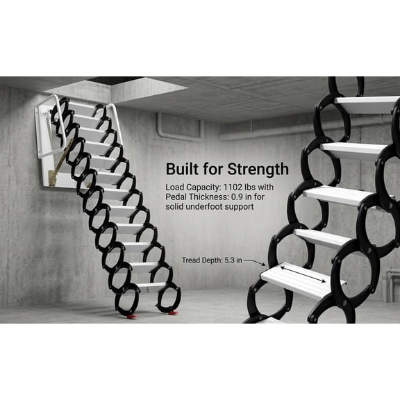 Pull Down Attic Stairs, 12 Steps Wall Mounted Folding Loft Ladder with Handrails, Iron Telescoping Attic Ladder for Roof Access