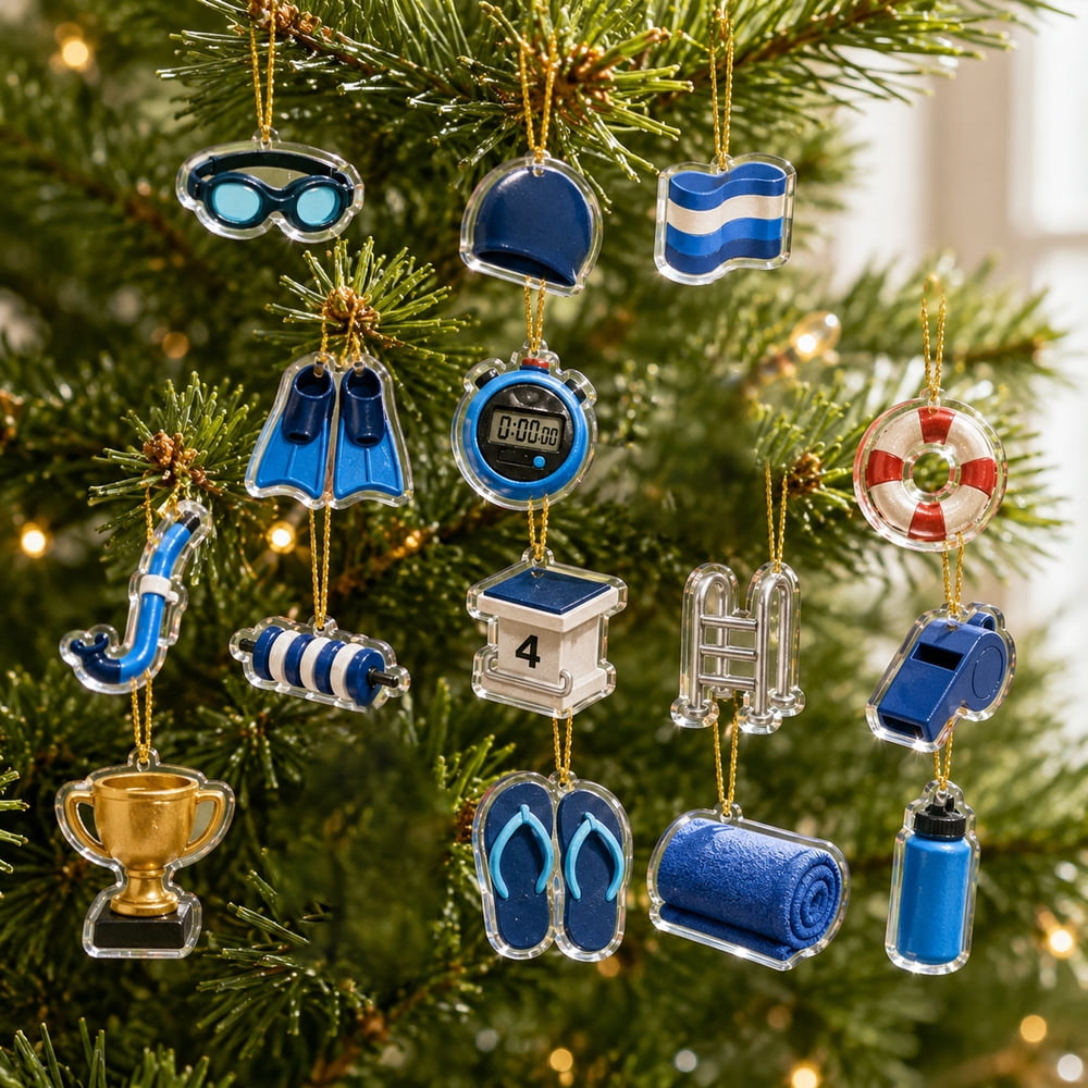 Swimming themed acrylic ornaments displayed on Christmas tree