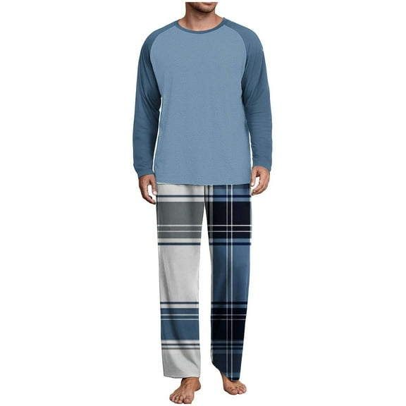 KyCheLot Men's Pajama Set Crewneck Long Sleeve Tees Stretchy Elastic Waist Wide Leg Pants Comfy Sleepwear