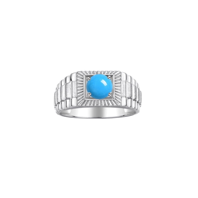 RYLOS Men's Ring Sterling Silver Ring, 7MM Round Shape Gemstone Designer Style Rings Turquoise December Birthstone Rings Silver Size 13