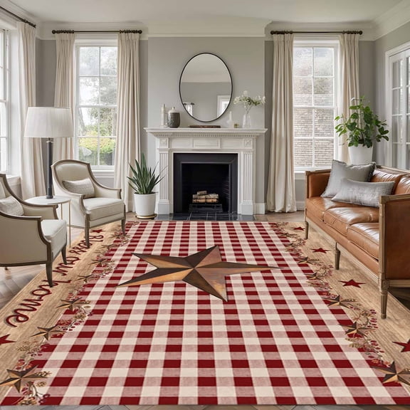Western Texas Star Vintage Area Rugs 5'x8', Washable Small Throw Rugs for Classroom Bedroom, Rustic Wreath Wood Red Plaid Indoor Outdoor Rug Non-Slip Low Pile Carpet Runner Reversible Floor Mats