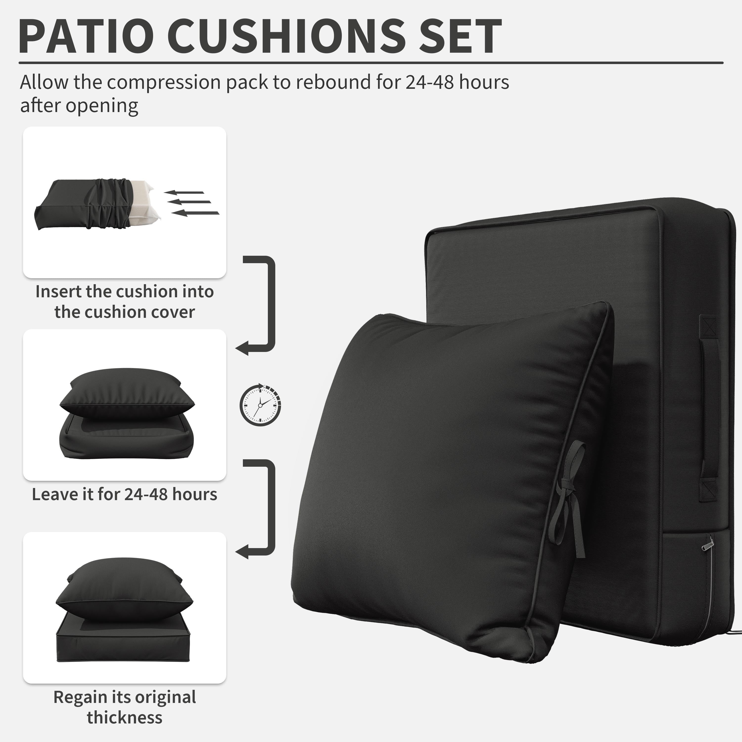 Kimunuk Outdoor Seat Cushion Set, 24" X 24" X 4" Water-Resistant & Fade-Resistant Patio Furniture Replacement Cushions with Handle and Straps for Sofa Chair, Black