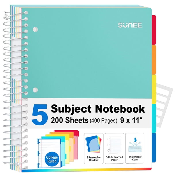 Sunee Cuaderno De 5 Materias Con Rayas Universitarias, 300 Páginas, Cuaderno Con Forro En Espiral De 8,2 "X 10,8" Con 5 Divisores De Colores De Bolsillo, Cuadernos De Papel Perforado Con 3 Orificios,