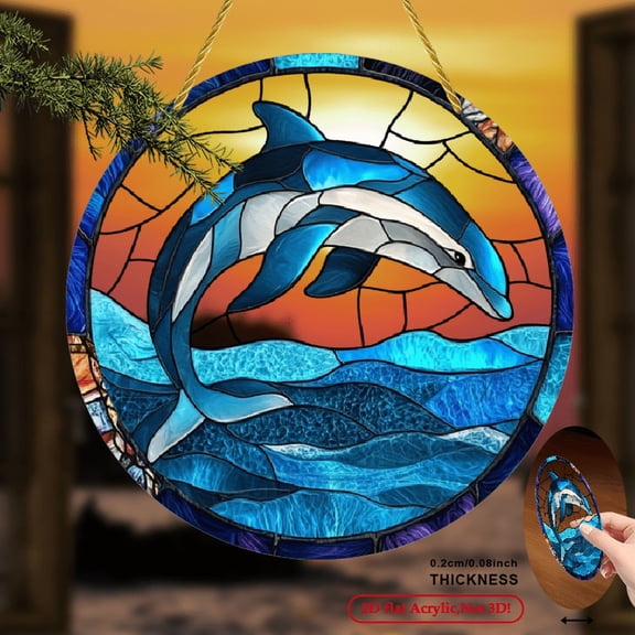 2D Flat, 1pc Leaping Dolphin Sun Catcher - 8x8 inch Circular Acrylic Sign with Stained Glass-Style Ocean Design, Vibrant Blue White Dolphin Art for Coastal Home Decor, Living Room, Bedroom