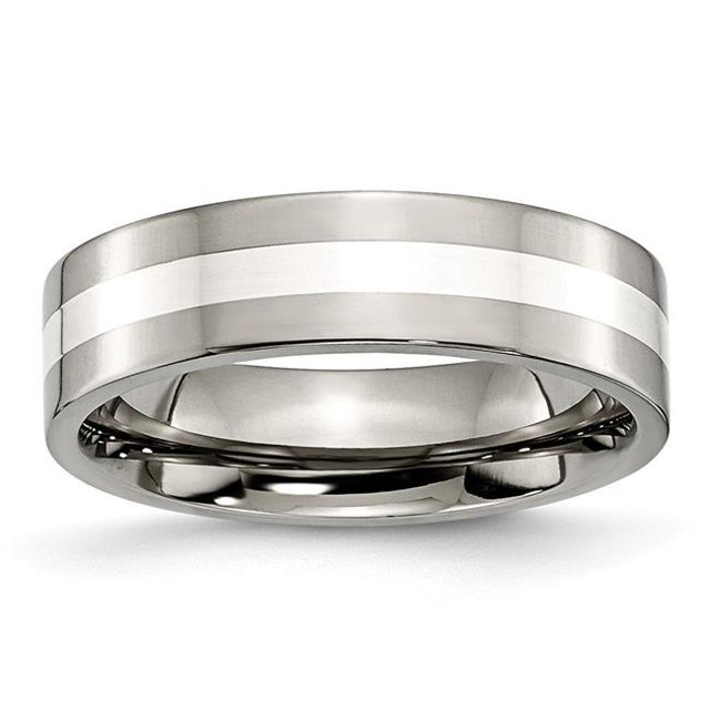 6 mm Titanium Sterling Silver Inlay Flat Polished Band, Size 6.5