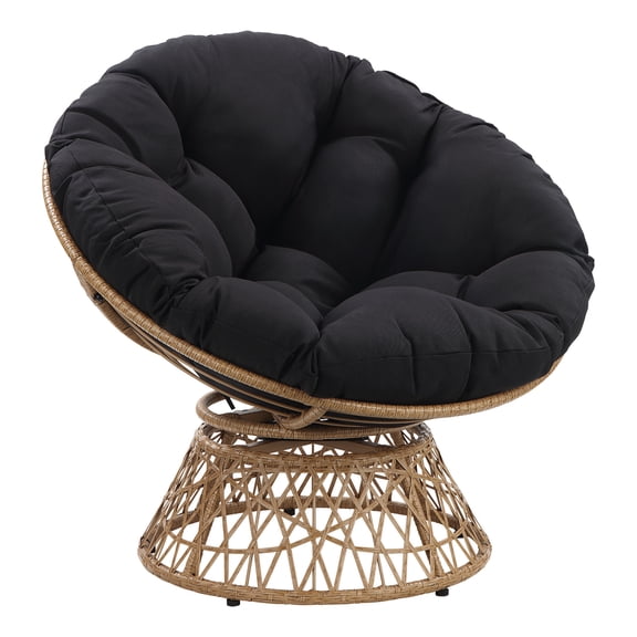 Papasan Chair- Black Round Pillow Cushion Fabric - Natural Wicker Weave