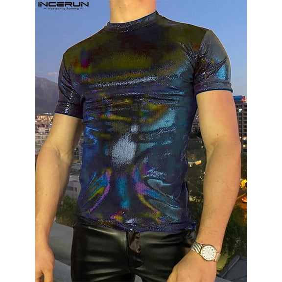 Mens Party Evening Print Top Short Sleeve Reflective Design Nightclub Party Top