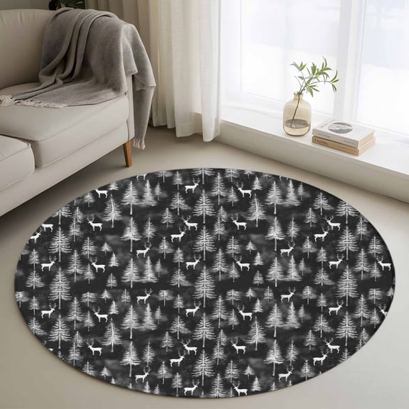 Round Rugs 3Ft, Black Grey Christmas Round Area Rug Washable Indoor Throw Carpet, Xmas Tree Elk Christmas Small Non Slip Circle Rug for Bedroom Living Room Home Decor Aesthetic