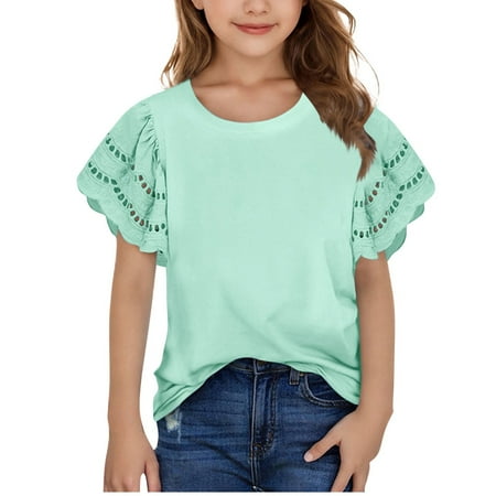 ZACPNCV Girls Ruffle Sleeve Shirts Summer Crewneck Eyelet Tee Tops Casual Cute Blouse Green 9-10 Years