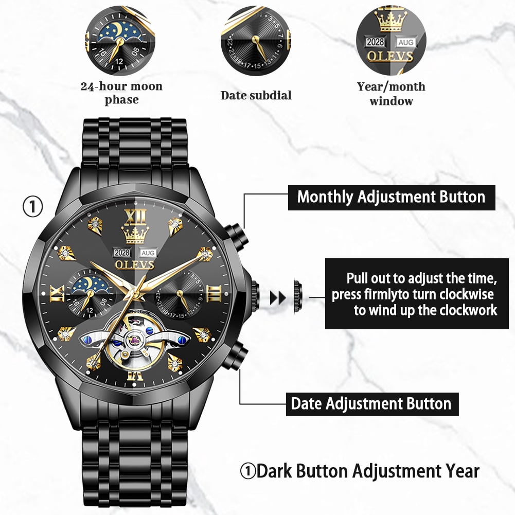 OLEVS Automatic Watches for Men Luxury Dress Waterproof Self Winding Mechanical Moon Phase Chronograph Stainless Steel Luminous Diamond Date Skeleton Tourbillon Wristwatch for Men Reloj Para Hombre
