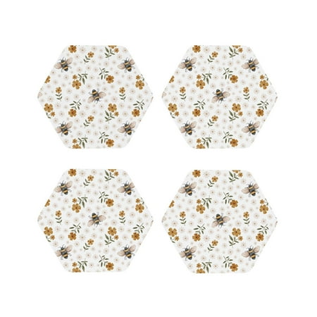 

Fuzoiu Bees And Flowers Print Leather Coasters Set Drink Coasters Set of 4 for Tabletop Protection Durable PVC Coasters Home Décor and Housewarming Gift-Hexagon