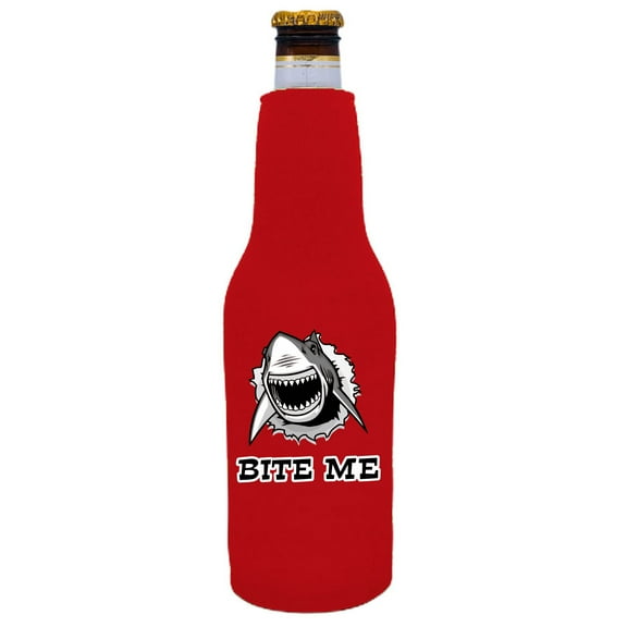 Bite Me Shark Beer Bottle Coolie (Red)