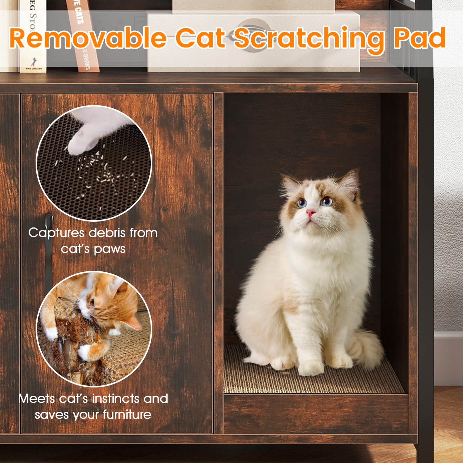 Costway Cat Litter Box Enclosure with Storage Shelves Scratching Pad Charging Station Coffee