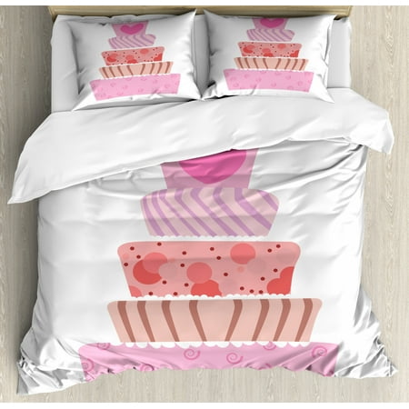 Dessert King Size Duvet Cover Set, Cartoon Inspired Spotted Wedding Cake Design with Burning Candles on Top, Decorative 3 Piece Bedding Set with 2 Pillow Shams, Baby and Pink Coral, by