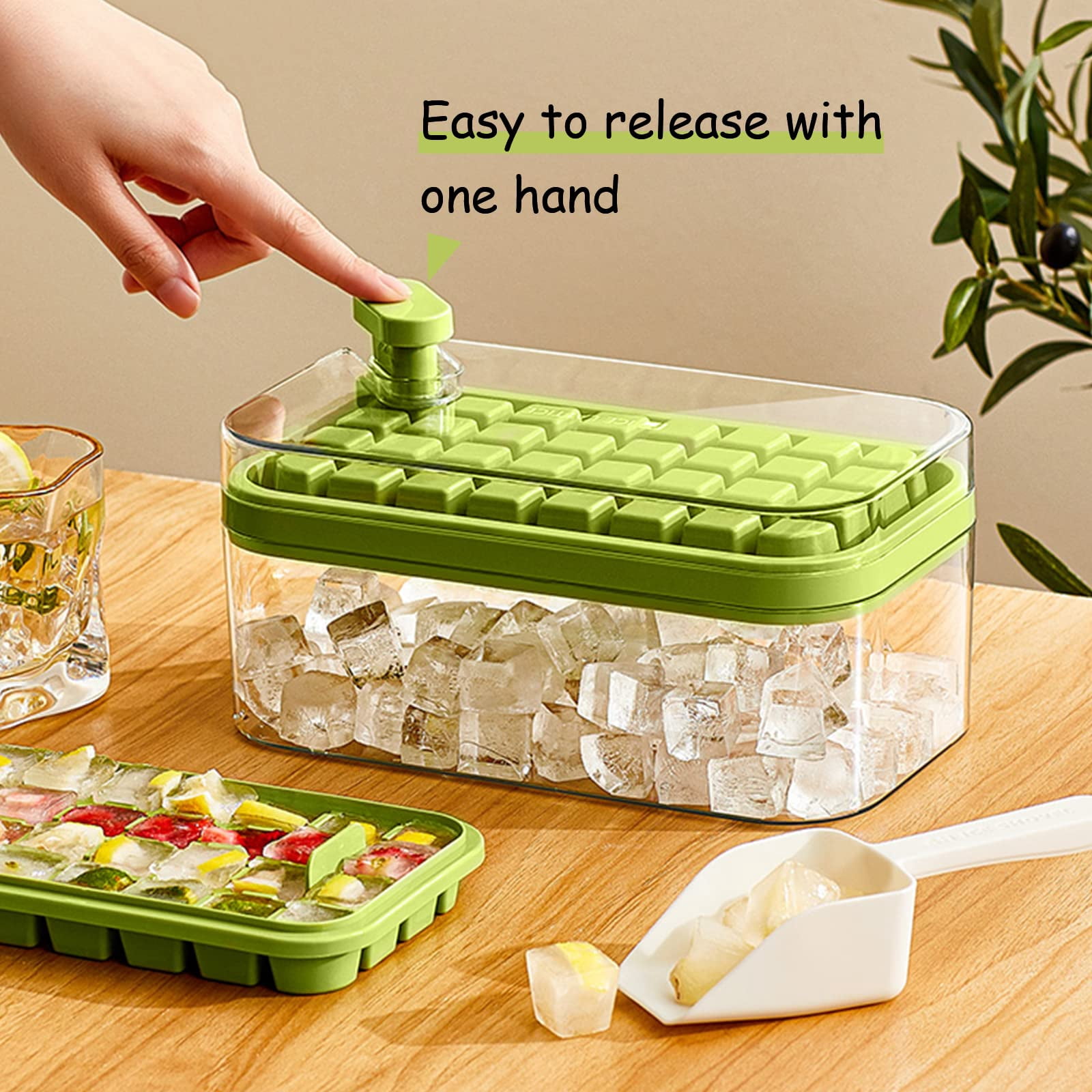 Ice Cube Tray With Lid And Bin  2 Pack For Freezer 64 Mold (green)