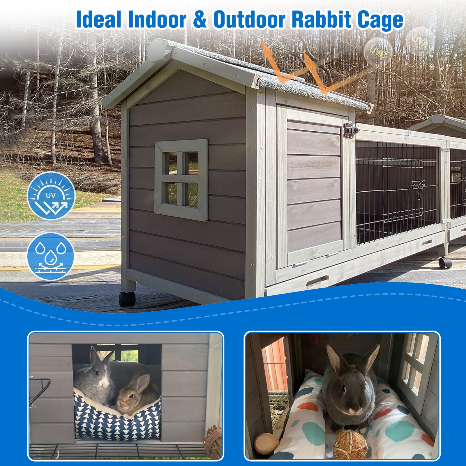 Suumerpety Rabbit Hutch Indoor Rabbit Cage Outdoor Bunny House with Wheels,No Leak Pull Out Tray