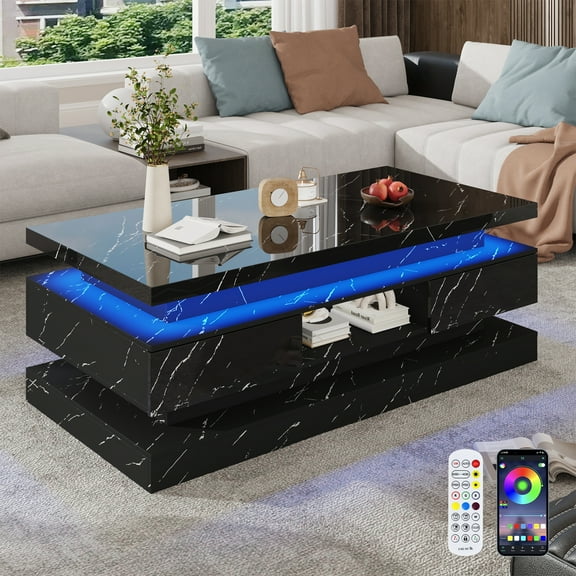 ChVans 47'' LED Coffee Table with 2 Storage Drawers, Modern High Gloss Black Coffee Table with Marbling Print, 3-Tier Rectangle Center Table for Living Room, APP Control