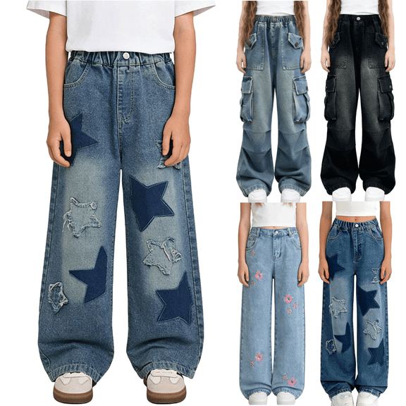QATAINLAV Kids Girls Baggy Y2K Cargo Jeans Washed Wide Leg Elastic High Waist Denim Pants Distressed Vintage Streetwear with Pockets Blue,7-8Years